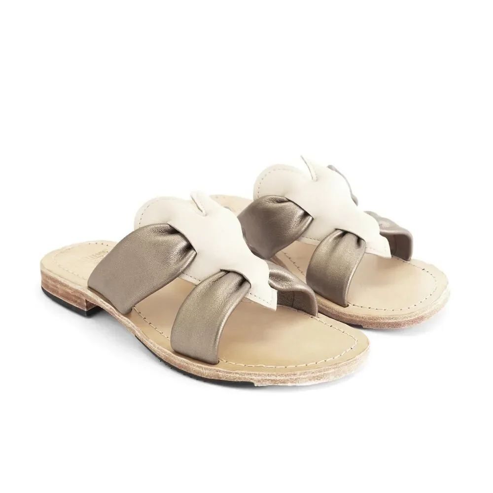 John Fluevog River Tambo Cream Metallic Leather Slide Sandals Women’s 11